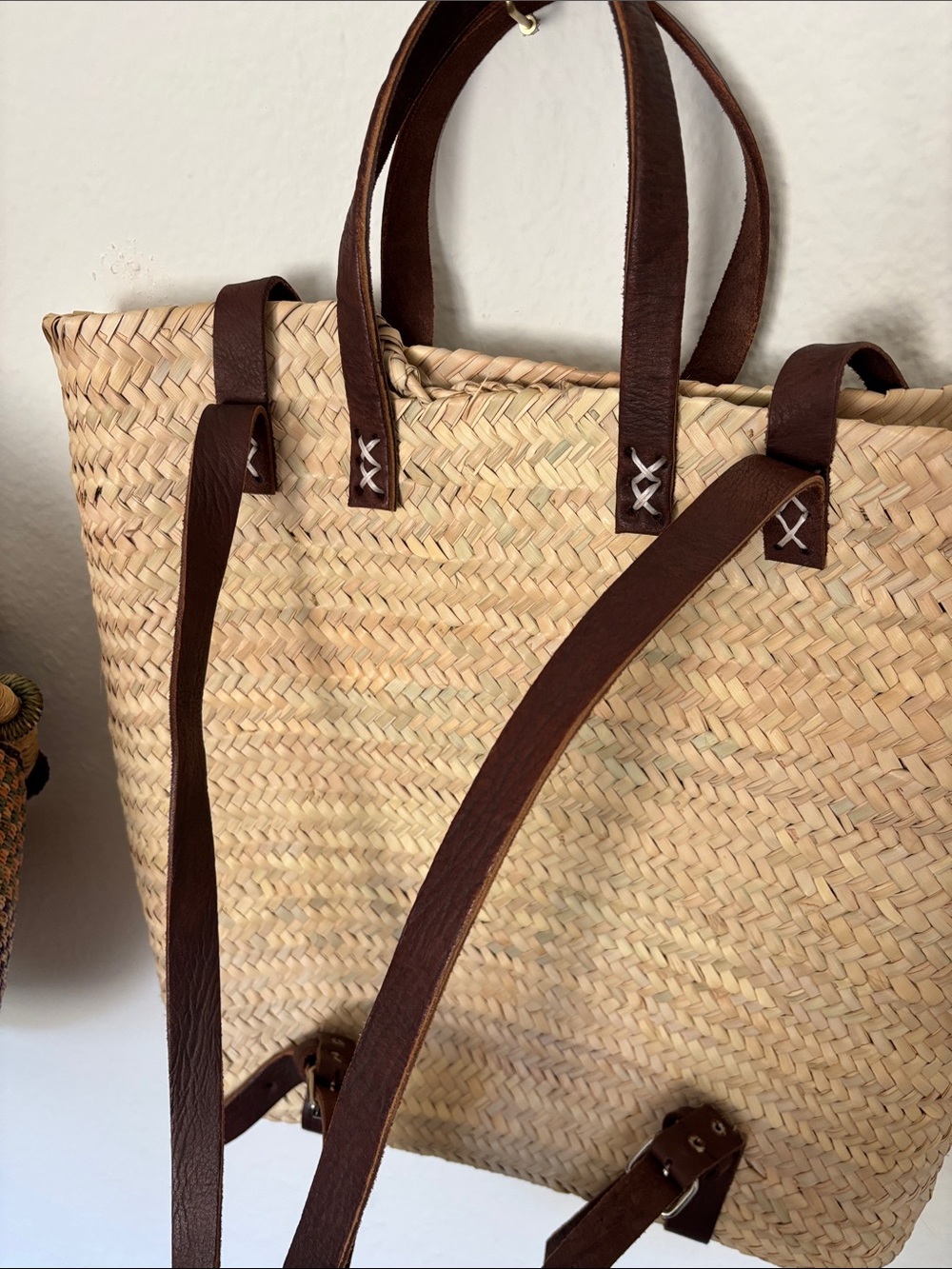Natural Woven Backpack with Leather Straps - Picture 4 of 8
